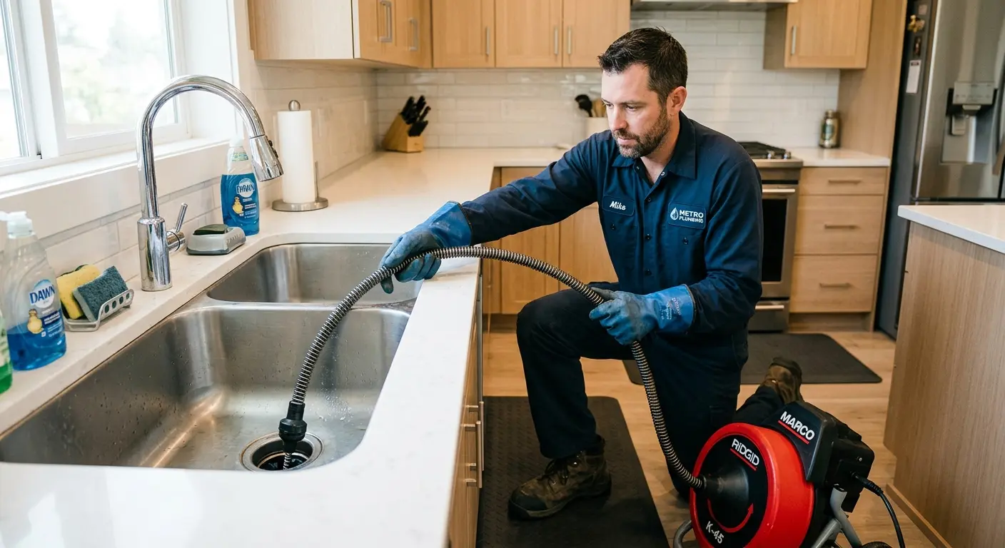 Drain cleaning technician using a motorized snake on a kitchen sink in Thermalito
