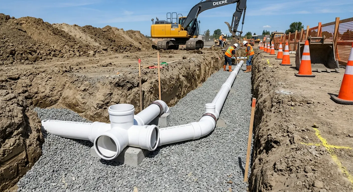 New PVC sewer pipe installation in open trench for Sewer Backup in Thermalito