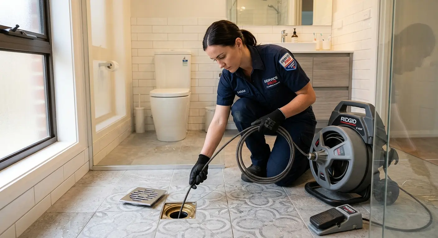 Technician clearing a bathroom floor drain for Drain Cleaning in Thermalito